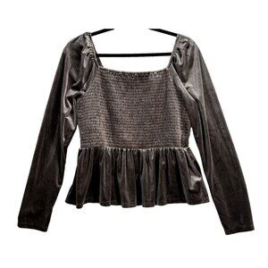 GAP Women Velvet Top Size L Brown Smocked Bust Peplum Hem Long Sleeve 7a-2
